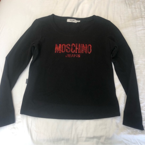Moschino Tops - Moschino Rhinestone Red Embellished Black Long Sleeve Top Size 8 Y2K Vintage 90s